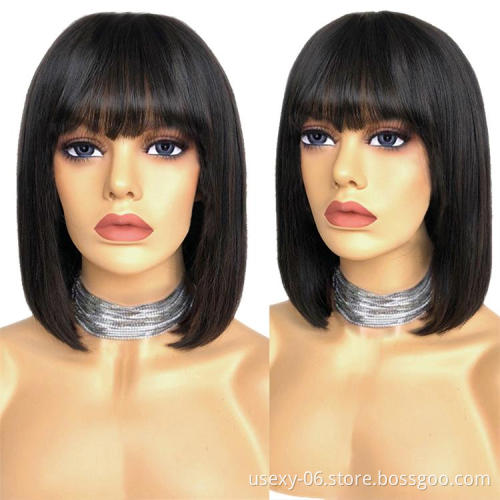 Vendor wholesale short bob Wigs with bangs machine made non lace cuticle aligned virgin brazilian human hair wigs